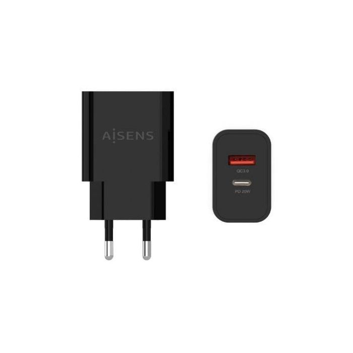 Aisens Cargador 1XUSB-C PD3.0, 1XUSB-A QC3.0 20W Negro, Carga Rápida PD3.0 y QC3.0