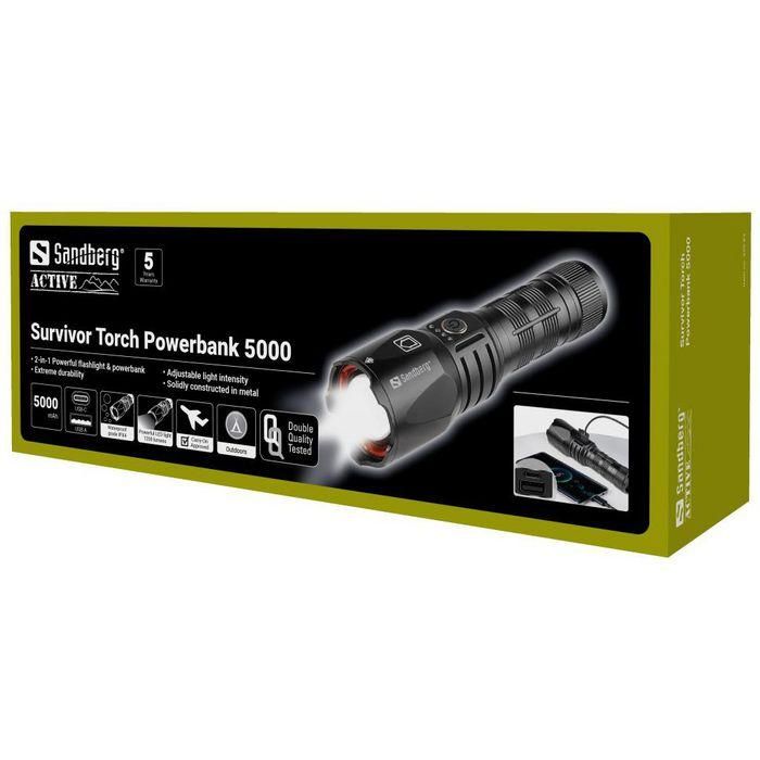 Sandberg Survivor Torch Powerbank 5000 mAh - Linterna LED, Cargador Móvil, Resistente, Martillo de Emergencia 11
