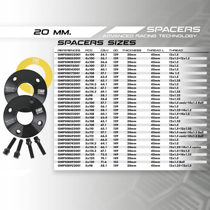 Omp Speed Juego De Separadores Doble Centraje Ancho: 20 mm Pcd: 4x108 Cb.H: 63.4 Cb.W: 63.4 Od: 139 Esparragos M12x1.5 OMPS08202001 5