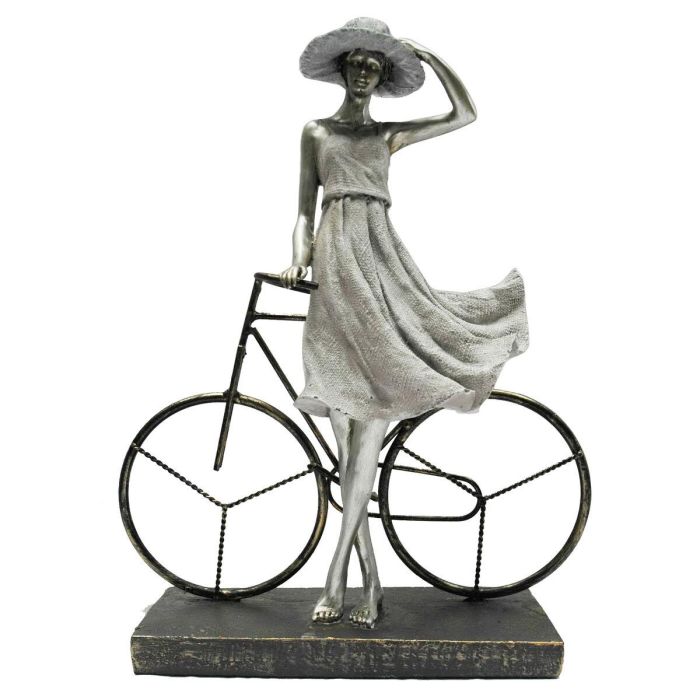 DKD Home Decor Figura Romántica Chica con Bicicleta Plateada de Resina y Metal Hecha a Mano y Reciclable 9.5x27.5x34.5 cm