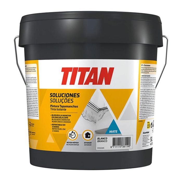Titan Pintura Tapamanchas Blanca Mate 1L - Aísla Manchas Difíciles: Aceite, Grasa, Humo, Óxido, Moho en Paredes y Techos