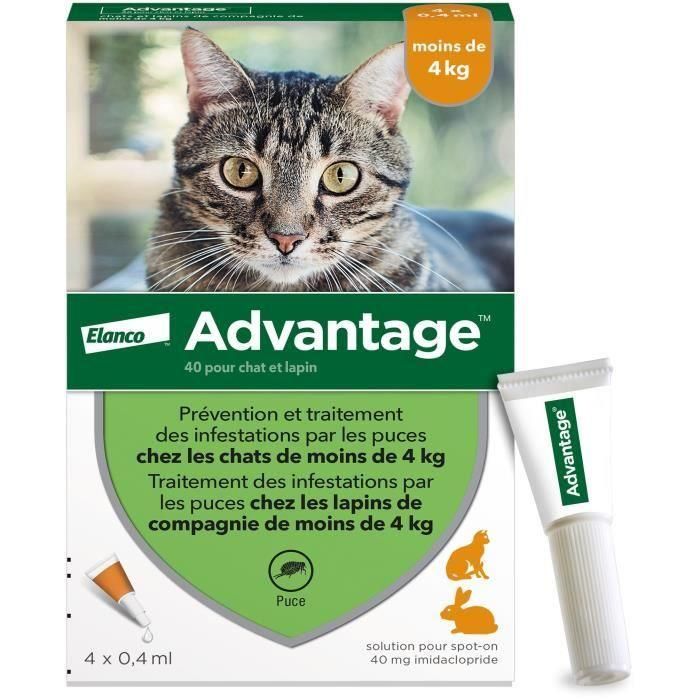 Advantage 40 Pipetas Antiparasitarias para Gatos y Conejos < 4 kg - 4 unidades. Protección rápida y duradera contra pulgas. 0 Advantage 40 Pipetas Antiparasitarias para Gatos y Conejos < 4 kg - 4 unidades. Protección rápida y duradera contra pulgas. 0