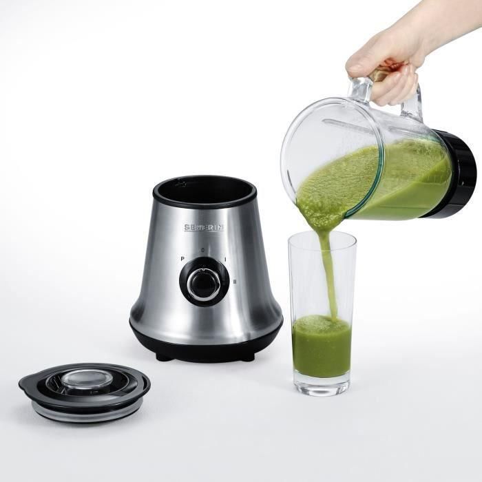Severin SM3734 Licuadora 500W, 1L Recipiente Vidrio Extraíble, 22.000 rpm, 2 Velocidades + Pulso, Pica Hielo, Acero Inoxidable / Negro 1