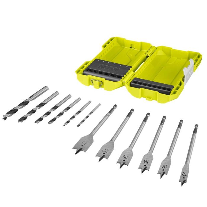 Ryobi Caja para taladro de madera apilable 12 accesorios (6 taladros + 6 mechas planas) 2 Ryobi Caja para taladro de madera apilable 12 accesorios (6 taladros + 6 mechas planas) 2