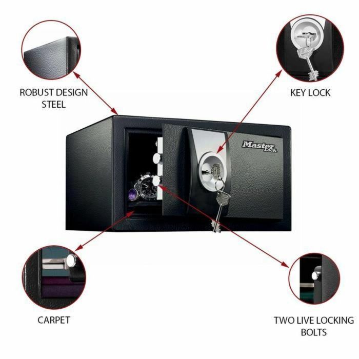 Master Lock Caja fuerte con llave de acero sólido 9.9 L con 2 pasadores de acero y sistema de doble broca, protección antirrobo. 4 Master Lock Caja fuerte con llave de acero sólido 9.9 L con 2 pasadores de acero y sistema de doble broca, protección antirrobo. 4