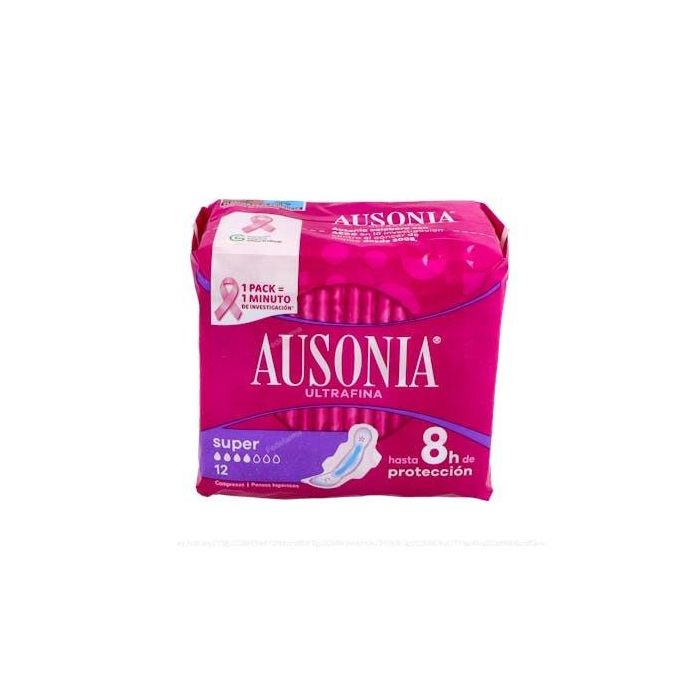 Ausonia Compresas Super Alas para Flujo Abundante, Máxima Absorción con Sistema No Olor y Barrera de Protección, 12 unidades