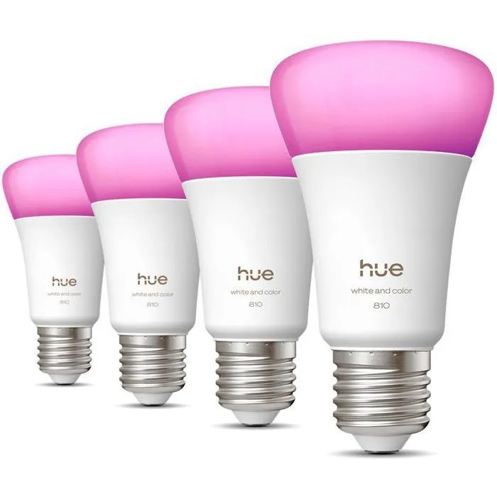 Philips Hue Pack de 4 Bombillas LED A60 Conectadas, Luz Blanca y de Colores, E27 6W 810 Lúmenes, Blanco Cálido/Frio 1000-2000K, AABUO37027