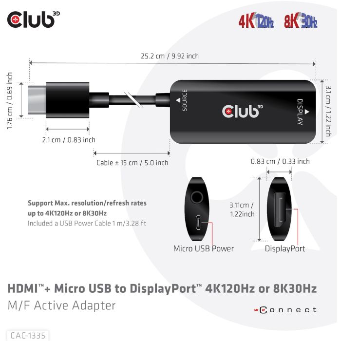 Club3D Adaptador HDMI + MicroUSB a DisplayPort Activo 4K120Hz 7 Club3D Adaptador HDMI + MicroUSB a DisplayPort Activo 4K120Hz 7