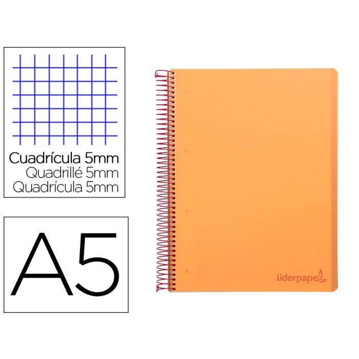 Cuaderno Espiral Liderpapel A5 Micro Wonder Tapa Plastico 120H 90 gr Cuadro 5 mm 5 Bandas 6 Taladros Color Naranja