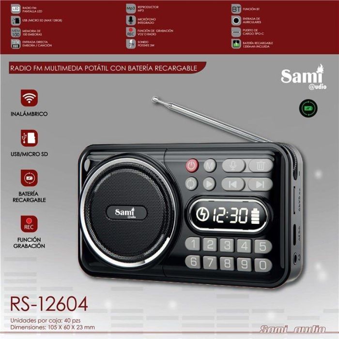SAMI Radio FM Portátil Multifunción con Grabación y Batería Recargable - Modelo FM Mulitmedia