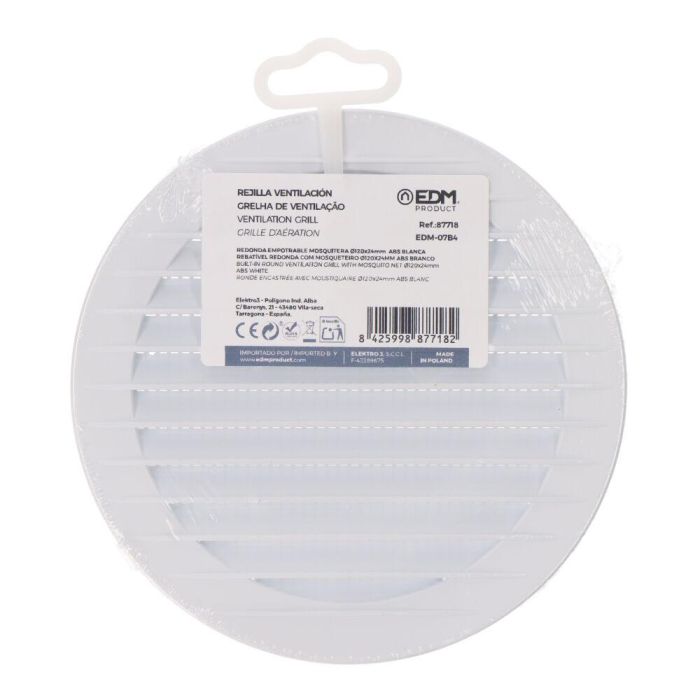 Edm Rejilla de Ventilación Redonda con Mosquitera Ø120mm ABS Blanca Empotrable 2