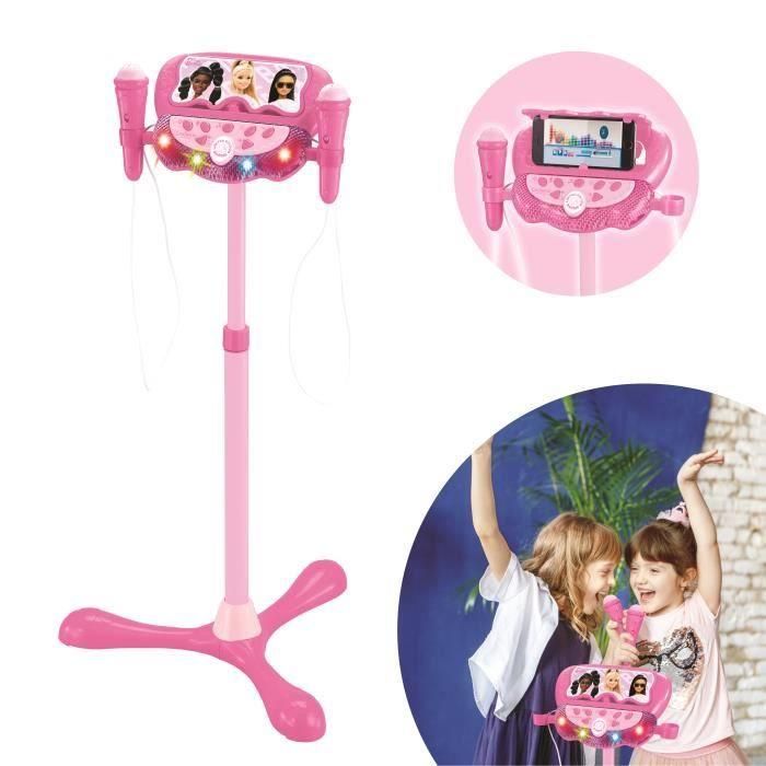 Lexibook LEX1695286887130 Micrófono de Barbie con soporte ajustable, iluminado, 2 Micrófonos, efectos de voz y Bluetooth 1