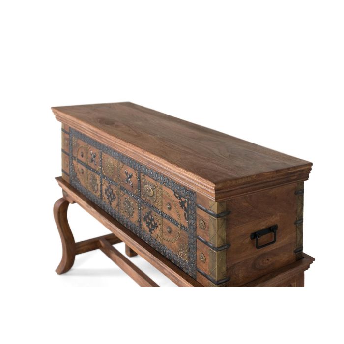 Giner y Colomer Mesa Consola Antigua de Madera de Mango con Chapas de Latón Repujado 3