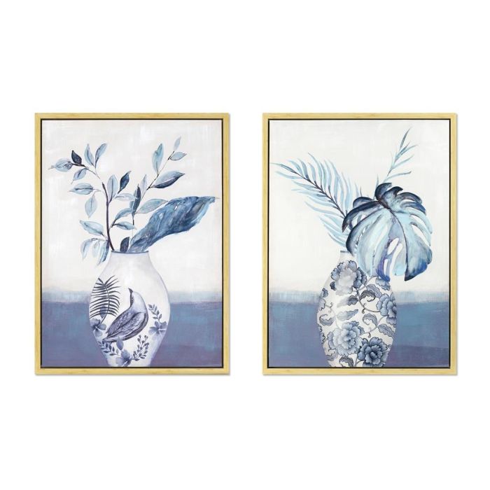 DKD Home Decor Cuadro Oriental Diseño Jarrón Azul Blanco Lienzo y Ps 80x60 cm (Pack de 2 Unidades)