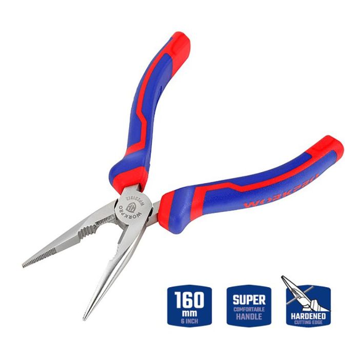 Workpro Alicate punta larga 160mm acero al cromo-vanadio revestimiento ni-fe mangos bimaterial azul y rojo 1 Workpro Alicate punta larga 160mm acero al cromo-vanadio revestimiento ni-fe mangos bimaterial azul y rojo 1