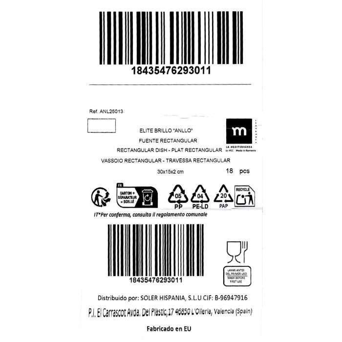 La Mediterranea Fuente Rectangular 30 x 15 cm Elite (18 Unidades)