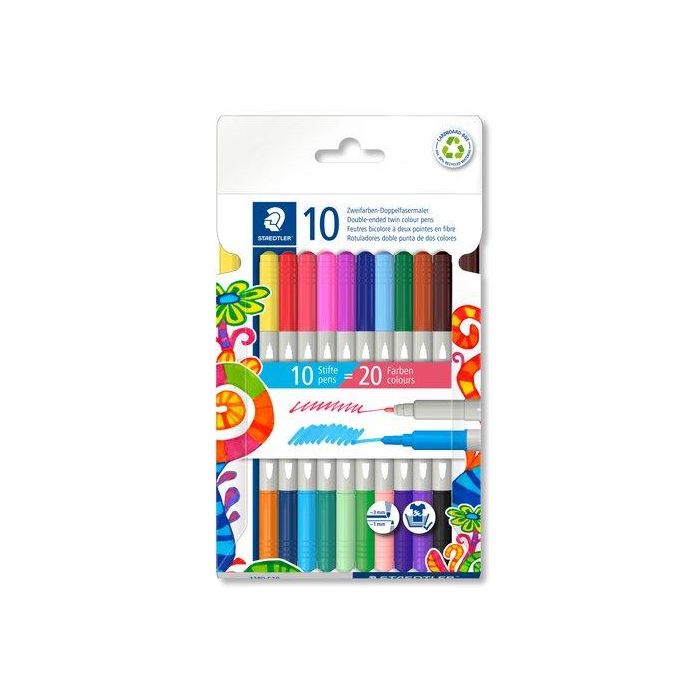 Staedtler Rotuladores Noris 3280 Doble Punta, 10 Unidades, 20 Colores, Punta Fina y Gruesa, Estuche Reciclado