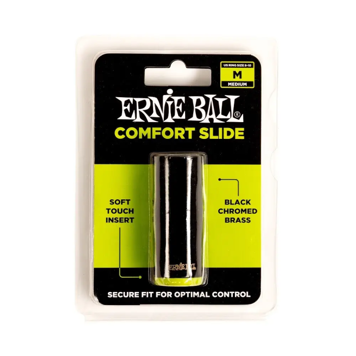 ERNIEBALL Slide Comfort Mediano Slide para Guitarra Eléctrica y Acústica con Funda Interior de Color Brillante Latón y Acabado Cromo Negro Pulido 1