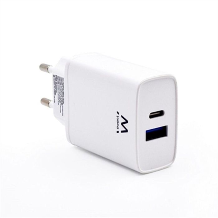 Ewent EW1321_R1 Cargador Universal 20W Carga Rápida USB-C PD PPS QC3.0 USB-A GaN Blanco para iPhone y Android