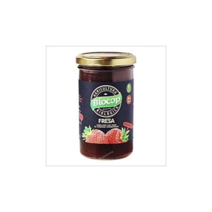BIOCOP Compota de Fresa Bio 265g. Elaborada con fresas maduras y zumo de manzana, ideal para untar y postres.