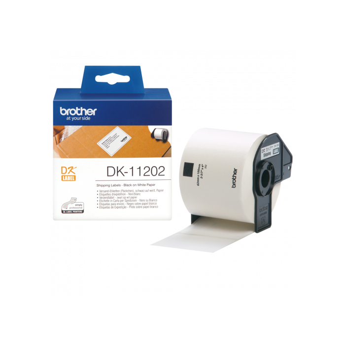 Brother DK Etiquetas de Envío Adhesivas Troqueladas 62mm x 100mm, 300 Etiquetas por Rollo, para Correo y Oficina