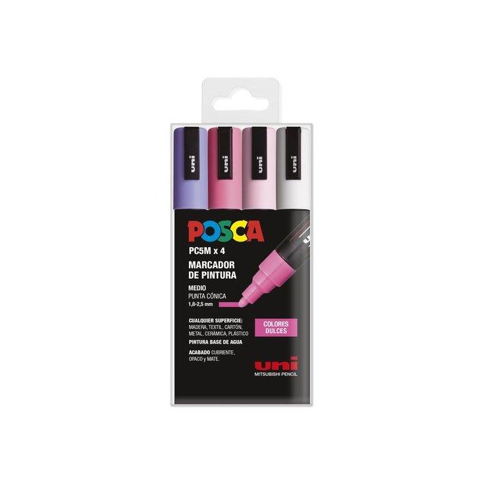 POSCA Marcador Pc-5M-4C No Permanente, Tinta Base Agua, 1.8 mm-2.5 mm, Colores Surtidos Dulces, Estuche 4U - 264168000, 264259000, 264374000, 264366000