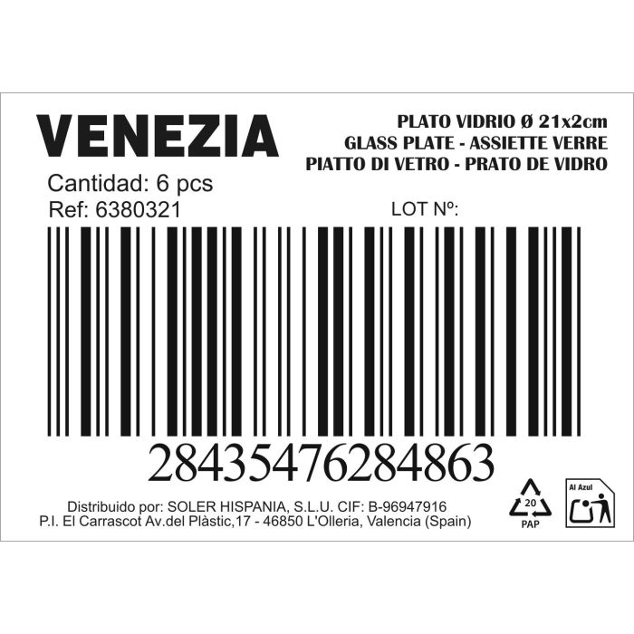 Plato de Vidrio Venezia Ø 21 x 2 cm - Inde (6 Unidades) 1 Plato de Vidrio Venezia Ø 21 x 2 cm - Inde (6 Unidades) 1