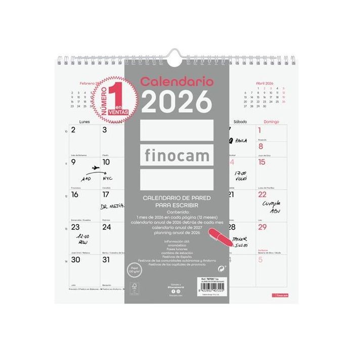 Finocam Calendario de pared para escribir 30x30 cm MV Chic Blanco 2026, encuadernado con espiral, espacio diario