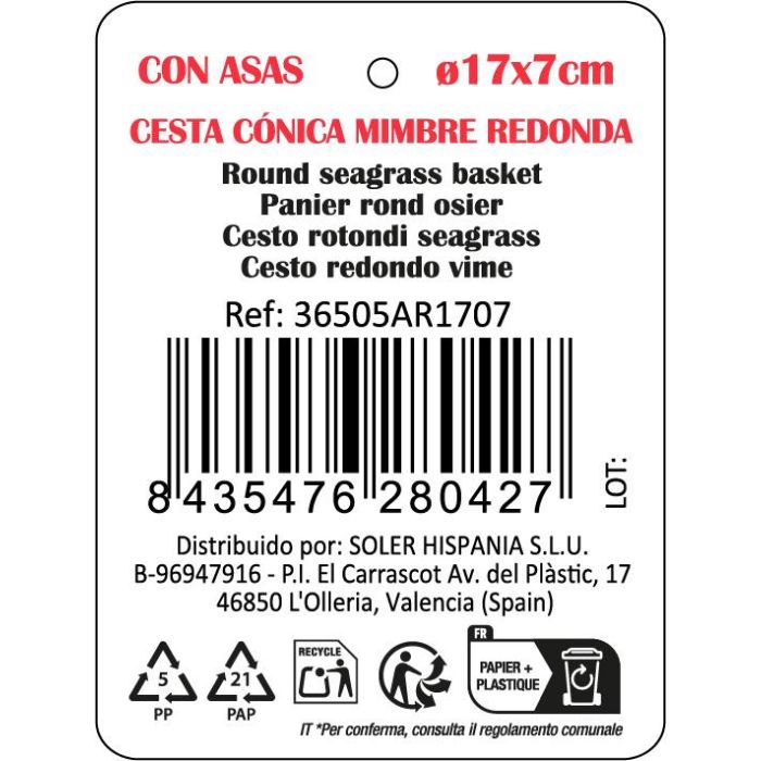 Inde Cesta Cónica de Mimbre Roja con Asa 17x7x20 cm (18 Unidades) 1