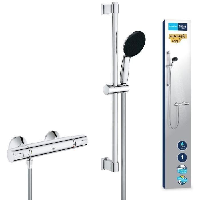 Conjunto de ducha con mezclador termostático, rociador de 1 chorro, barra de 60 cm y flexo - GROHE 34597001 - Ahorro de agua - Cromo