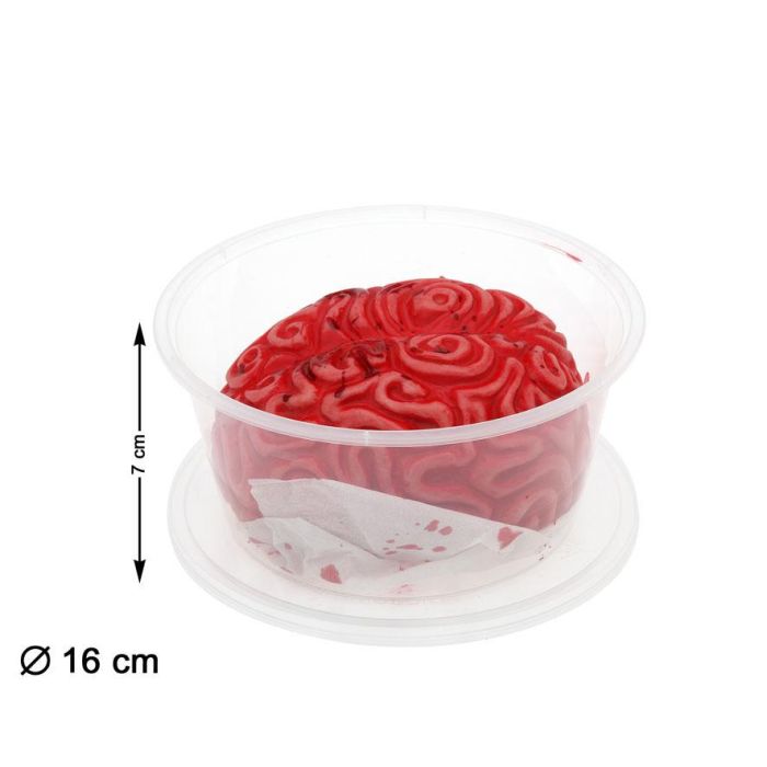 Decoración Halloween Cerebro Artificial Rojo Realista 16x7 cm en Recipiente para Ambientaciones de Terror
