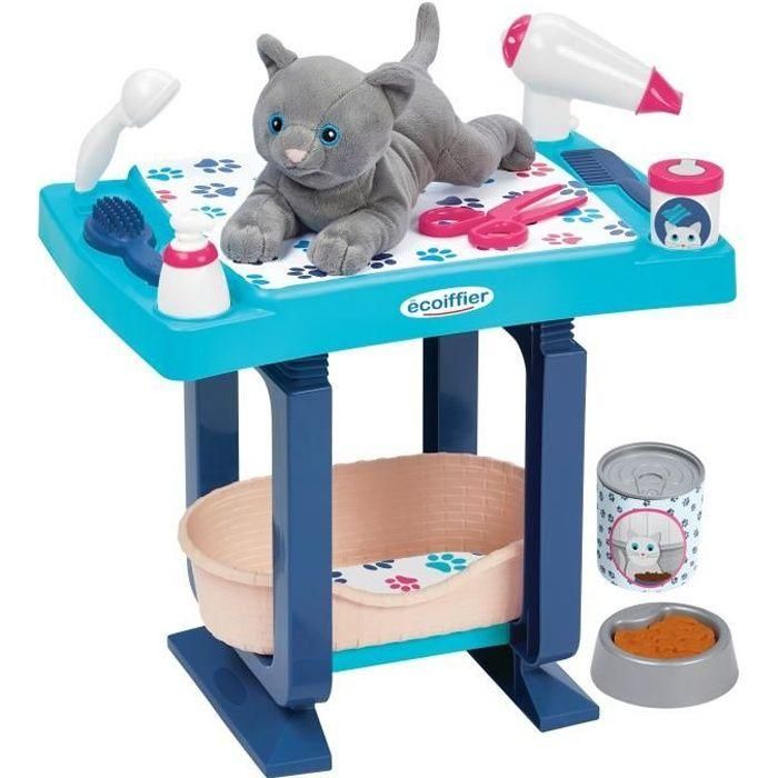 Ecoiffier Kit de Aseo Ecológico para Gato de Peluche con Mesa Azul y Accesorios, Set de Juguete Completo para Niños +18 meses