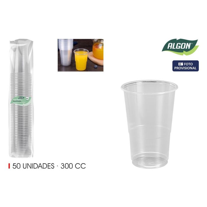 Algon Set de 50 Vasos Transparentes 300 cc, 7,5 cm Ancho, 10,5 cm Alto (18 Unidades)