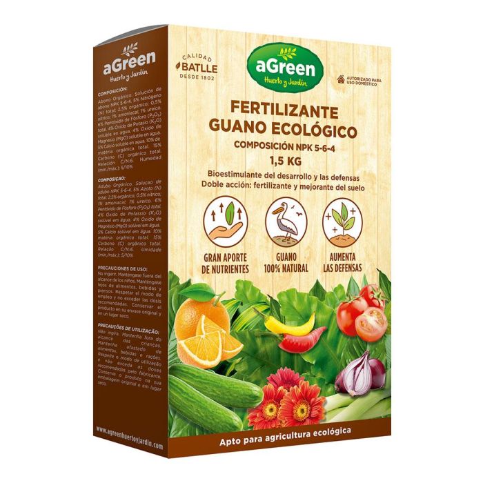 Agreen Fertilizante Guano Ecológico 1,5 kg - Para Todo Tipo de Plantas, Interior, Terraza y Jardín