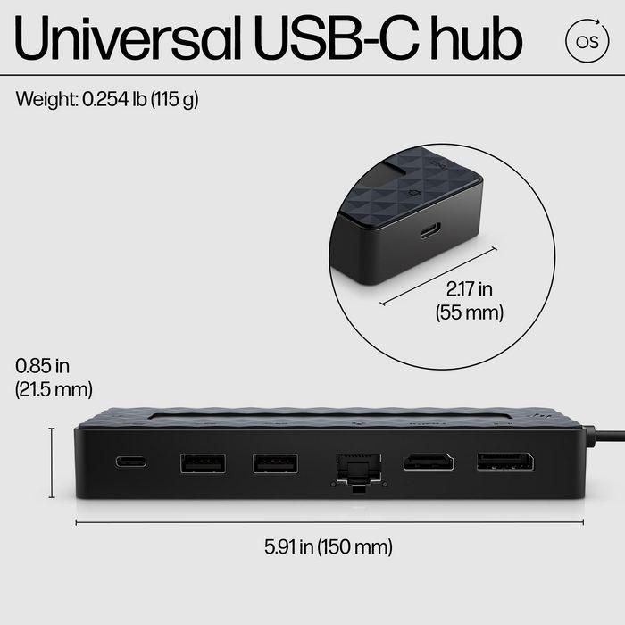 HP Universal USB-C Hub Multiport 7 Puertos, Cargador para Portátil y Estación de Acoplamiento Dual 4K HDMI DisplayPort 3