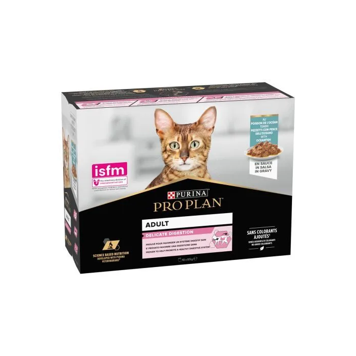 Purina Pro Plan Feline Delicate Pescado del Oceano en Salsa - Comida Húmeda para Gatos con Digestión Sensible, 10x85 gr