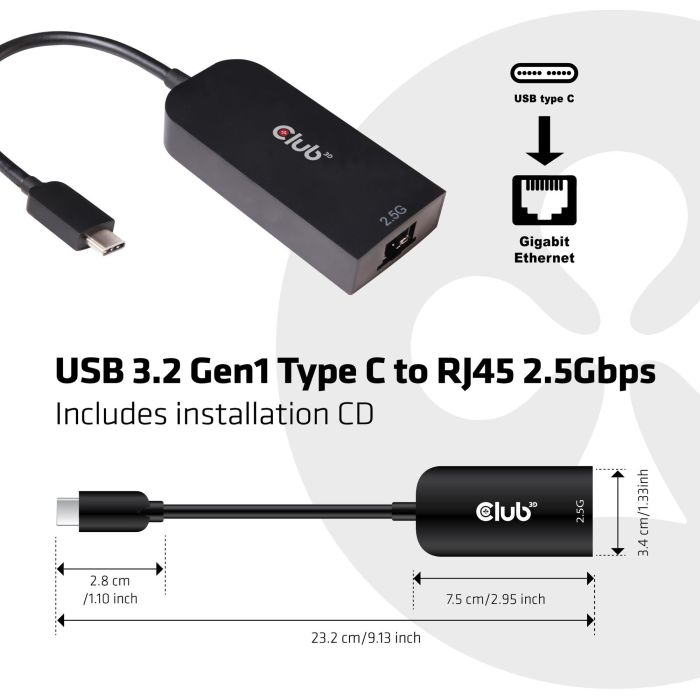 Club3D Adaptador USB 3.2 Tipo C a RJ45 2.5GbE Ethernet Hembra/Macho 1 Club3D Adaptador USB 3.2 Tipo C a RJ45 2.5GbE Ethernet Hembra/Macho 1