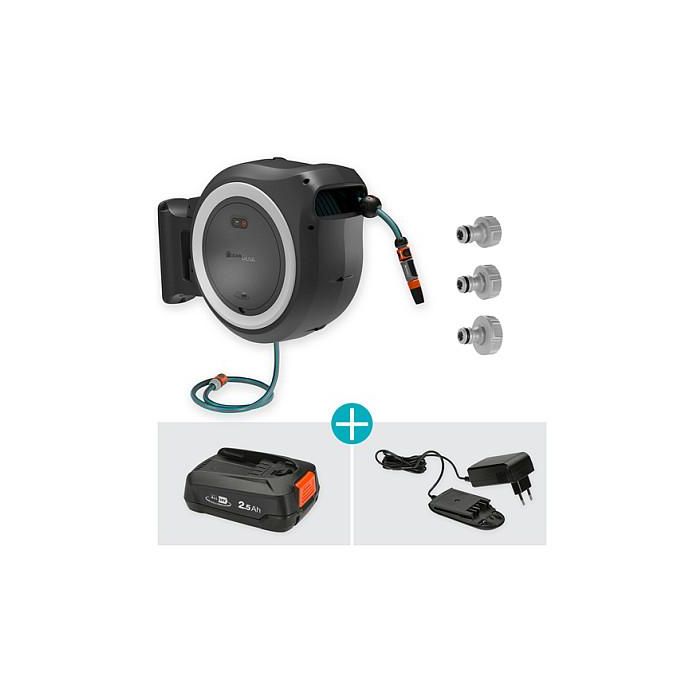 Gardena P4A S w 40m 2.5Ah/18V Enrollador de manguera con batería XXL para pared, 40 m, Negro