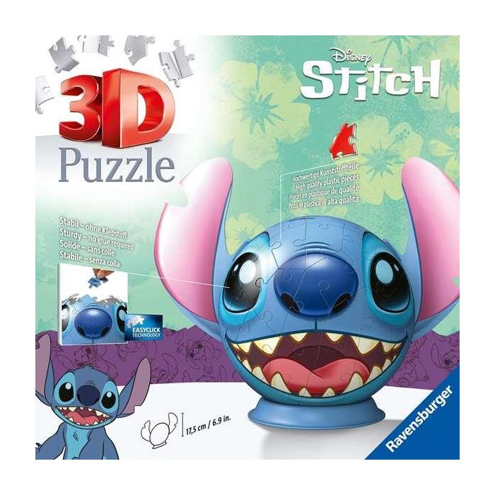 Ravensburger Puzzle 3D 72 piezas de Stitch con Orejas, Figura de 17.5 cm, Multilingüe (Español, Inglés, Francés, Alemán, Italiano)