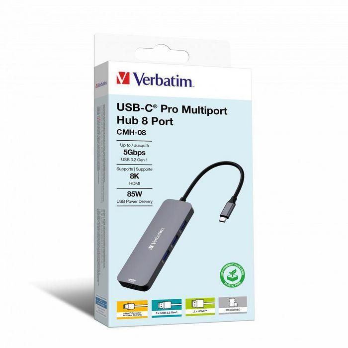 Verbatim 2 x HDMI, 8K 30Hz, 4K 30Hz, 3 x USB-A 3.2 Gen1, 5Gb/s, 1 x SD 3.0, 1 x microSD 3.0, 1 x USB-C PD, 100W, 121mm x 40mm x 13mm