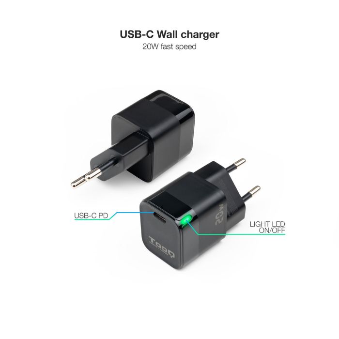 CARGADOR USB PARED TOOQ TQWC-PD20 1PTO USB-C PD20W NEGRO 1