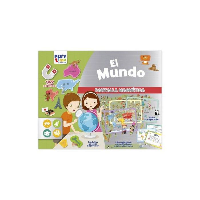 PLAYTIME Pantallas Magnéticas Set Educativo con Libro de 32 Páginas sobre Geografía, Anatomía y Astronomía, 32x25,5x5cm