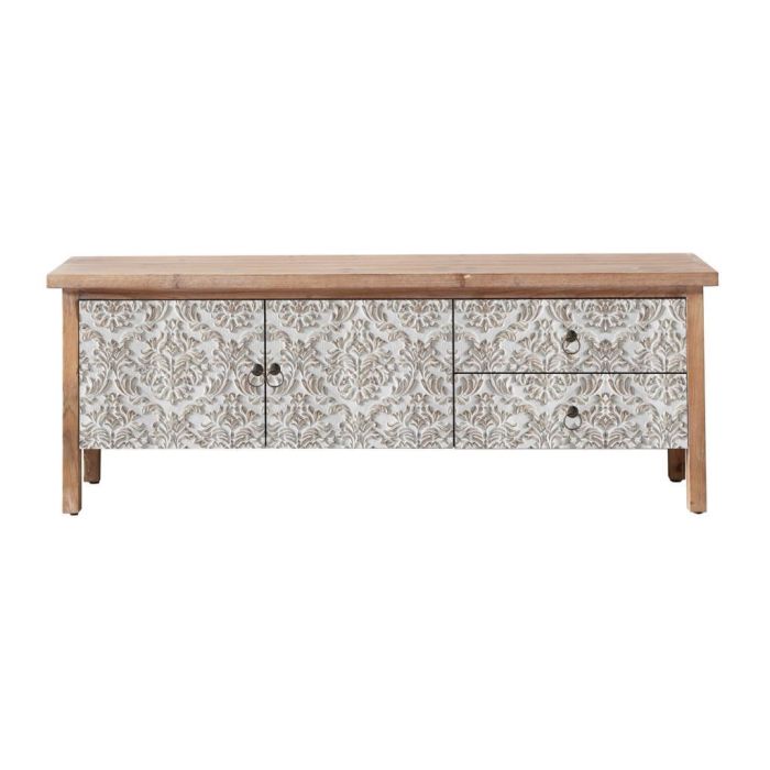DKD Home Decor Mueble TV Árabe de Abeto y MDF Natural Blanco, 140x40x50 cm, con 2 Cajones y 2 Puertas