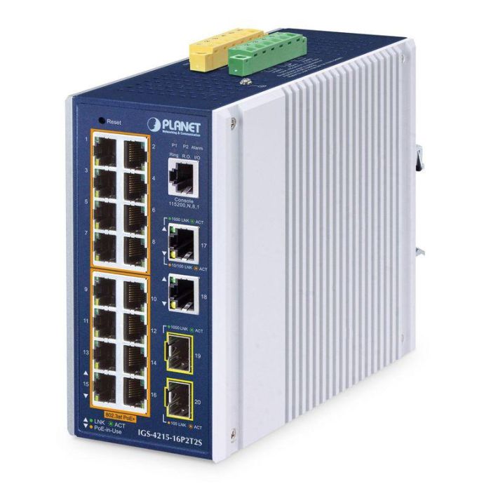 Planet Switch industrial 16 puertos PoE Gigabit 10/100/1000T 802.3at + 2 RJ45 Gigabit + 2 SFP 100/1000X gestionable L2/L4