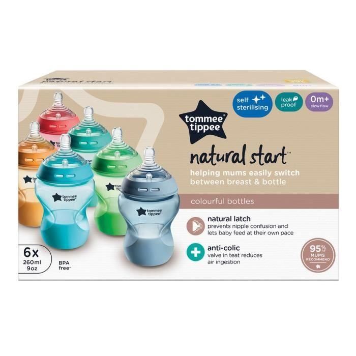 Tommee Tippee - Pack de 6 biberones Closer to Nature - Tetina con válvula anticólicos - 260ml - Fluorescente multicolor 1 Tommee Tippee - Pack de 6 biberones Closer to Nature - Tetina con válvula anticólicos - 260ml - Fluorescente multicolor 1