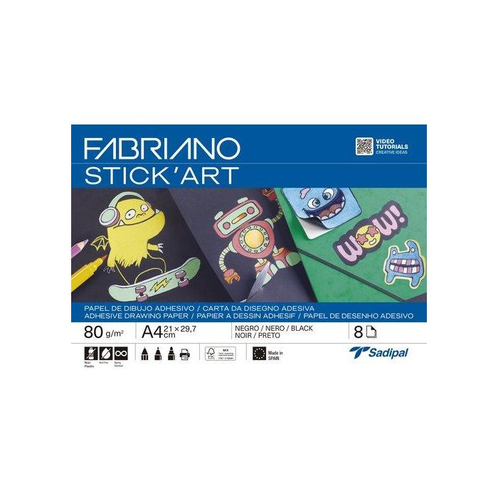 Laminas Dibujo Fabriano Adhesivas Stick Art A4 80G Negro Paquete De 8