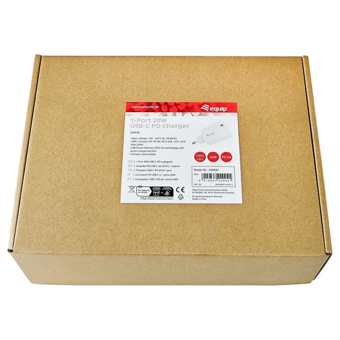 Equip 245520 Cargador de Pared USB-C Power Delivery PD 3.0 20W para iPhone, iPad, Nintendo Switch y Smartphones, Carga Rápida