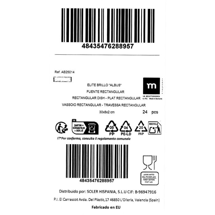 La Mediterranea Fuente Rectangular Albus Elite Brillo 30 cm x 8 cm (24 Unidades) 2
