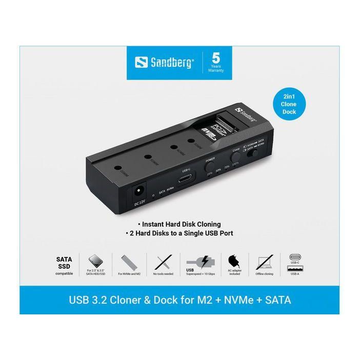 Sandberg USB 3.2 Cloner and Dock para M2 NVMe SATA 10