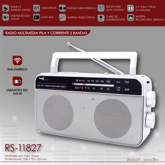 SAMI Radio AC/DC 2 Bandas con Bluetooth, USB, MicroSD, Auxiliar y Batería Recargable
